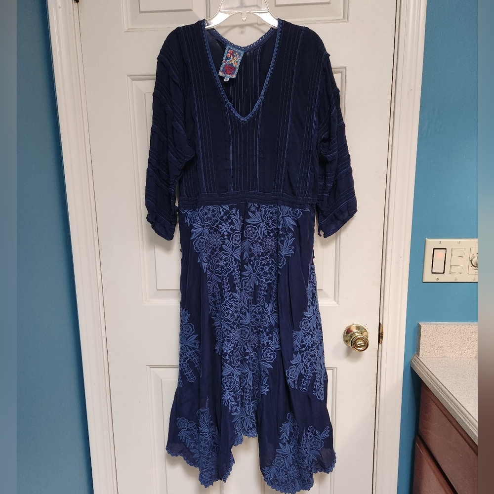 Johnny Was Blue Embroidered Midi-Dress